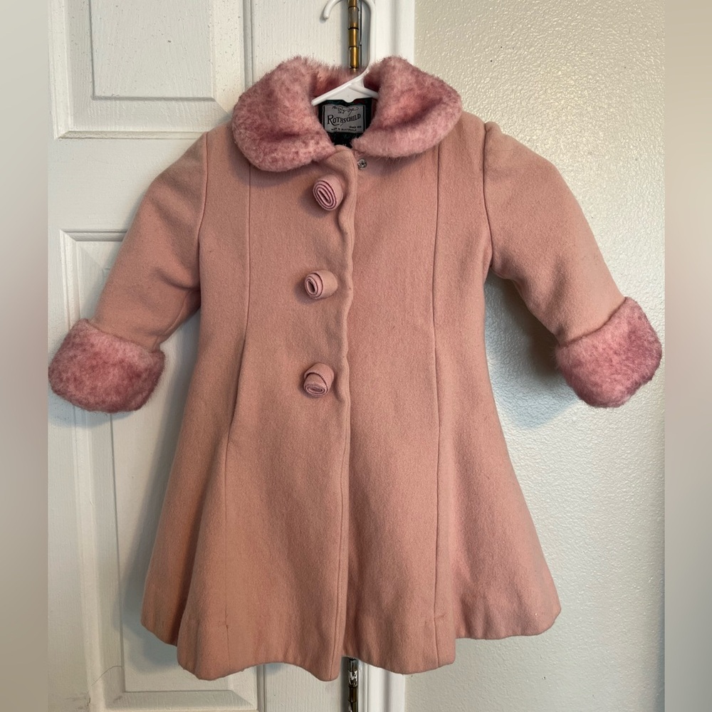Rothschild Vintage Kids Wool Peacoat Pink Faux Fur Trim Rose Buttons Old Money